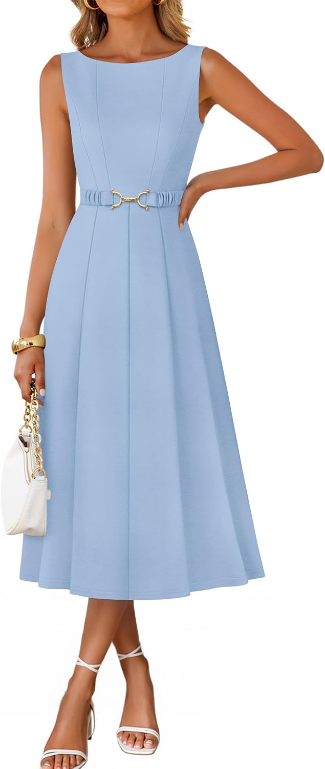 ZESICA Women's Summer Sleeveless 2026 Formal Cocktail Party Midi Dresses | Boat Neck, Flowy A Line Tie Waist, Business Casual Work Office Dressy Outfits, Elegant Beach Wedding Guest Graduation Dress