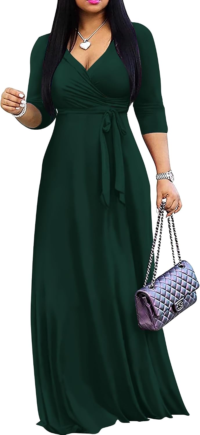FANDEE Women's 2026 Maxi Dress - Solid Color Bohemian Summer Long Maxi Dress V-Neck 3\/4 Sleeve