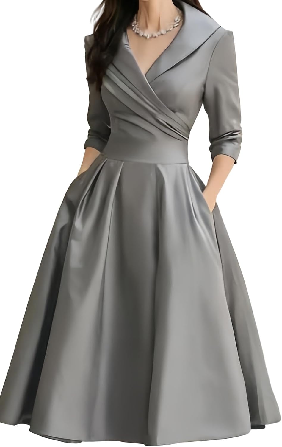 SHINFY Women's Satin Formal Wrap Long Sleeve A Line Midi Church Dress | Casual Elegant Semi-Formal V-Neck Silky Dresses with Pocket for Work Church Weddings and Dinners Polished
