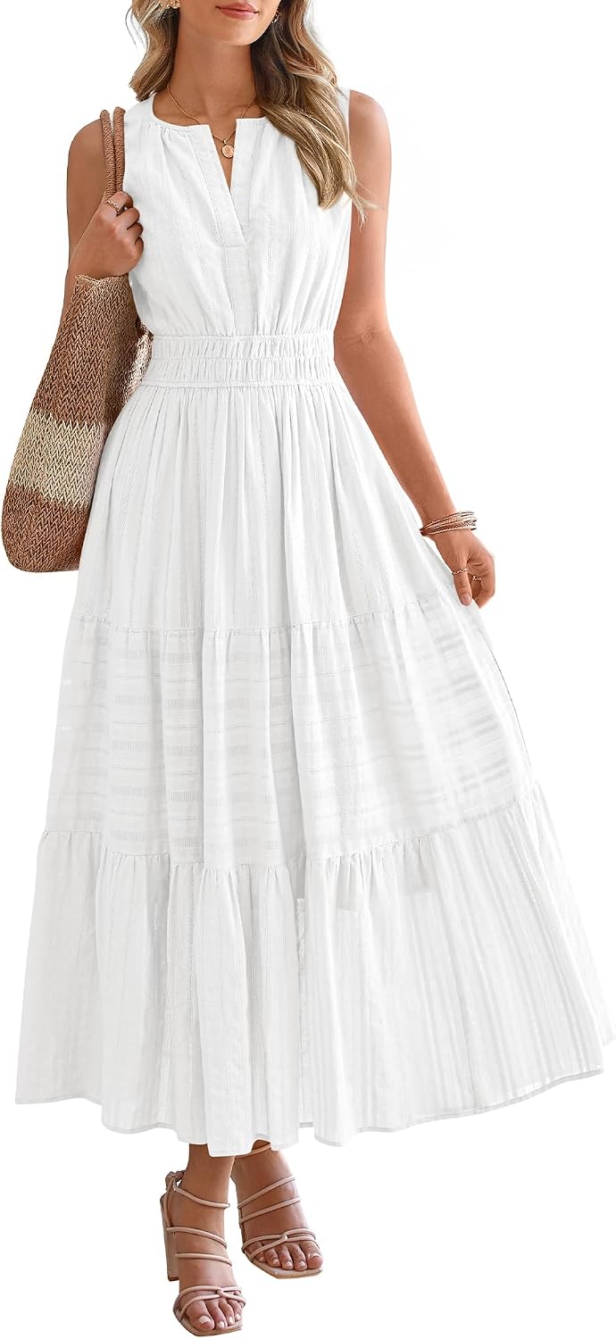 BTFBM Womens Summer Casual Midi Maxi Dress 2026 | Lightweight Sleeveless Boho Sundress,Elastic Waist A Line,V Neck Cotton Long Dresses Pockets,Beach Vacation,Fashion Clothing