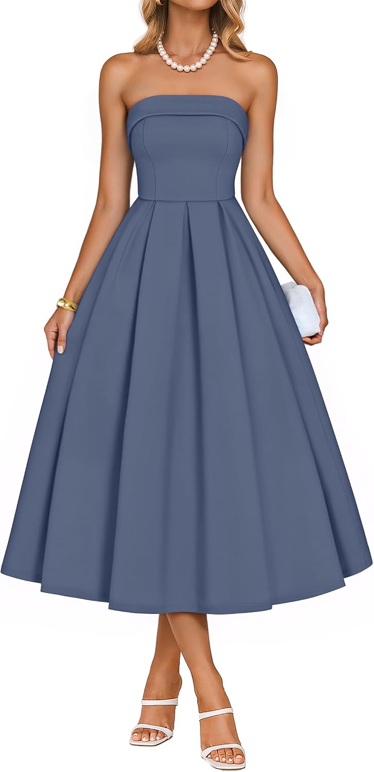 ZESICA Women's Summer Strapless Cocktail Party Dresses | Off Shoulder, Flowy A Line, Midi Dress, Wedding Guest, Semi Formal, Rehearsal Dinner, Engagement, 2026 Night Out Clothes