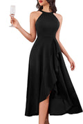 Dressystar Halter Formal Wedding Guest Cocktail Dress for Woman | High Halter Neck, Side Slit Ruffle Hem, Maxi Long Length, Sleeveless, Elegant A Line High Low Prom Party Evening Gown