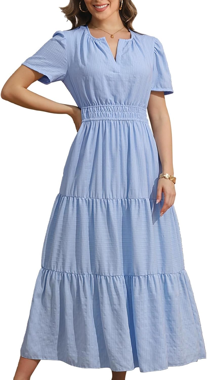 Rainday Maxi Dresses for Women Short Sleeves Casual Dress with Pockets | fabric soft,flattering comfort,with a built in slip,dress up or down,easy to wear,waist fits nicely,practical 2 sides pockets