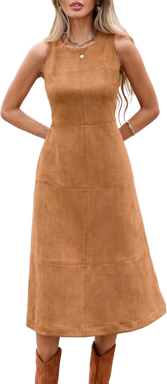 Faux Suede Dresses for Women Sleeveless Back Zipper Midi Sheath Dresses | Classic Round Neck; Functional Side Pockets; Concealed Back Zipper; Sleeveless Dresses; Night Out Dress