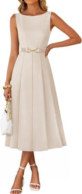 ZESICA Women's Summer Sleeveless 2026 Formal Cocktail Party Midi Dresses | Boat Neck, Flowy A Line Tie Waist, Business Casual Work Office Dressy Outfits, Elegant Beach Wedding Guest Graduation Dress