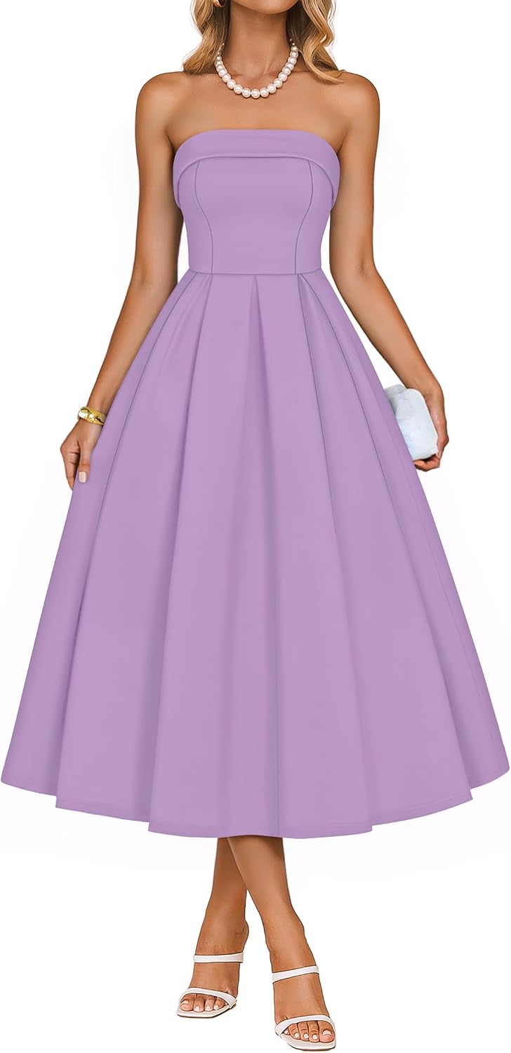 ZESICA Women's Summer Strapless Cocktail Party Dresses | Off Shoulder, Flowy A Line, Midi Dress, Wedding Guest, Semi Formal, Rehearsal Dinner, Engagement, 2026 Night Out Clothes