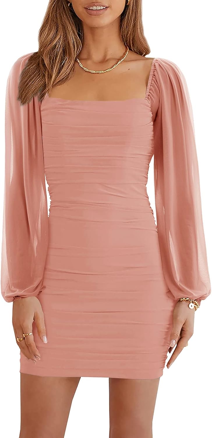 Wenrine Women Mesh Long Sleeve Square Neck Ruched Bodycon Mini Dress | Lantern Sleeve,Stretchy,Elegant,Club Party,Cocktail,Going Out,Semi Formal,Prom,Homecoming,Wedding Guest,Graduation,Teen Dress
