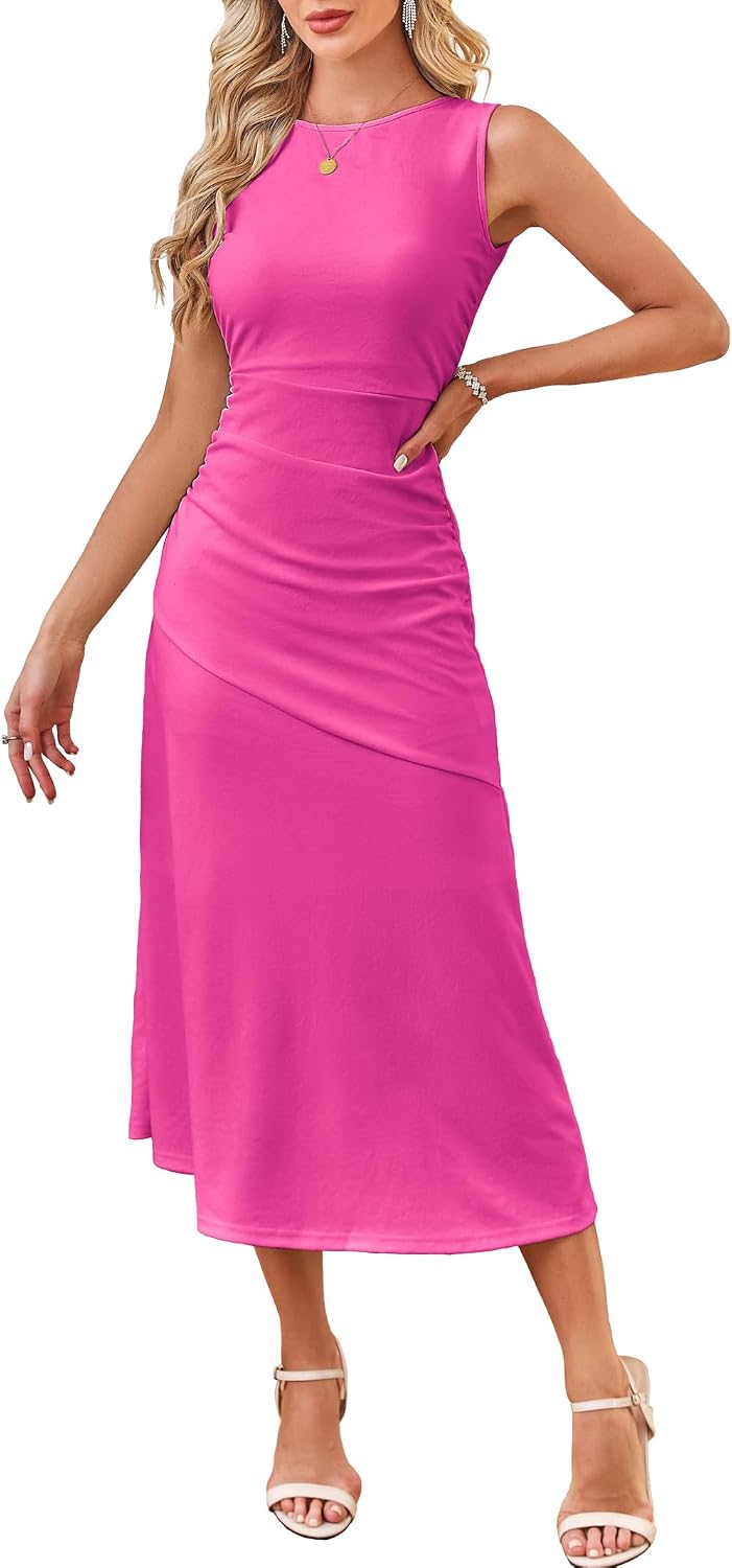 Kikibell Women's Cocktail Dresses Sleeveless Ruched Elegant Semi Formal Wedding Guest Prom Party Summer Maxi Dress