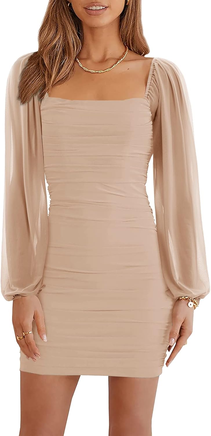 Wenrine Women Mesh Long Sleeve Square Neck Ruched Bodycon Mini Dress | Lantern Sleeve,Stretchy,Elegant,Club Party,Cocktail,Going Out,Semi Formal,Prom,Homecoming,Wedding Guest,Graduation,Teen Dress