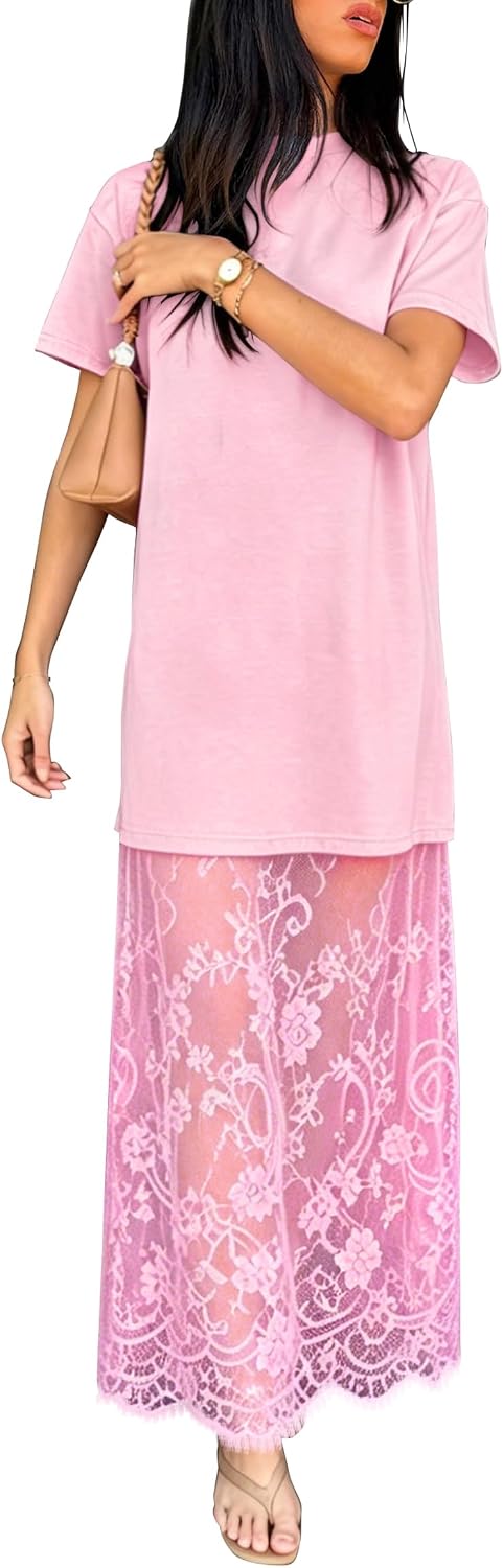 miduo Womens Summer Short Sleeve Crewneck Lace Patchwork Maxi Dresses | Casual Lace Patchwork Maxi Dress Long Shift Dresses