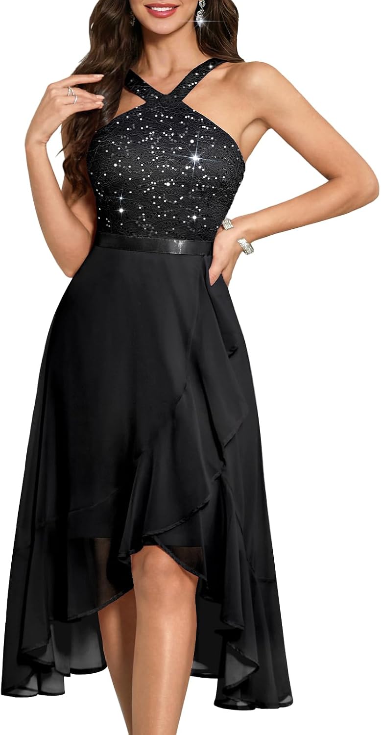 Bbonlinedress Women's Halter Formal Wedding Guest Cocktail Dress Sequin Hi-Lo Prom Bridesmaid Evening Chiffon Dress for Teens