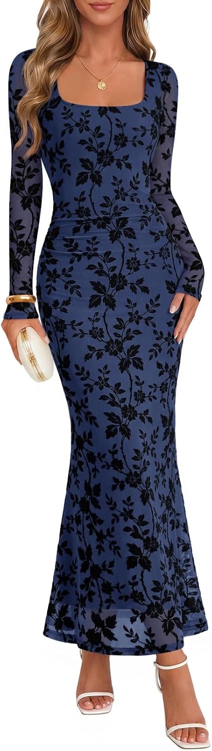 MEROKEETY Women Fall Formal Wedding Guest Long Sleeve Floral Cocktail Dress | 2026, Maxi, Flocked Mesh Fabric, Square Neck, Bodycon, Fitted, Ruched, Baby Shower, Bridal Shower, Winter Holiday Party Dress