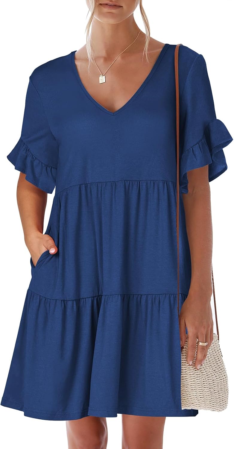 ANRABESS Dresses for Women Summer 2026 V Neck Ruffle Sleeve A Line Tiered Flowy Casual Trendy Mini Beach Dress with Pockets
