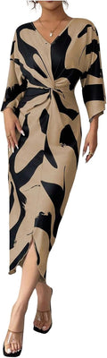 SweatyRocks Women's Twist Front V Neck Cow Print Long Dress Elegant 3\/4 Ruffle Sleeve Cocktail Dresses
