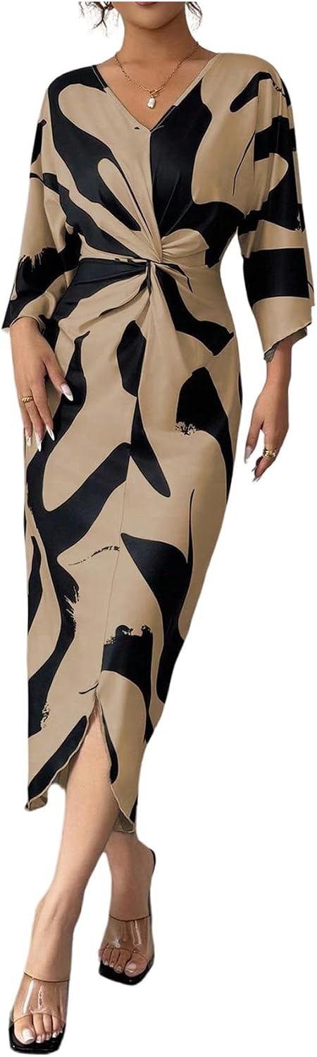 SweatyRocks Women's Twist Front V Neck Cow Print Long Dress Elegant 3\/4 Ruffle Sleeve Cocktail Dresses