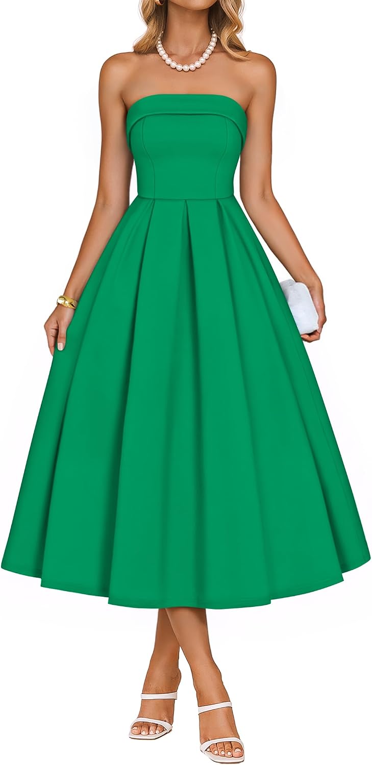 ZESICA Women's Summer Strapless Cocktail Party Dresses | Off Shoulder, Flowy A Line, Midi Dress, Wedding Guest, Semi Formal, Rehearsal Dinner, Engagement, 2026 Night Out Clothes