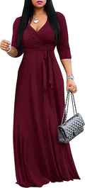 FANDEE Women's 2026 Maxi Dress - Solid Color Bohemian Summer Long Maxi Dress V-Neck 3\/4 Sleeve