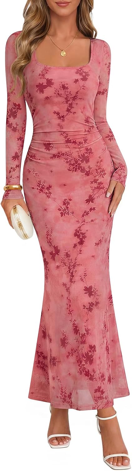 MEROKEETY Women Fall Formal Wedding Guest Long Sleeve Floral Cocktail Dress | 2026, Maxi, Flocked Mesh Fabric, Square Neck, Bodycon, Fitted, Ruched, Baby Shower, Bridal Shower, Winter Holiday Party Dress