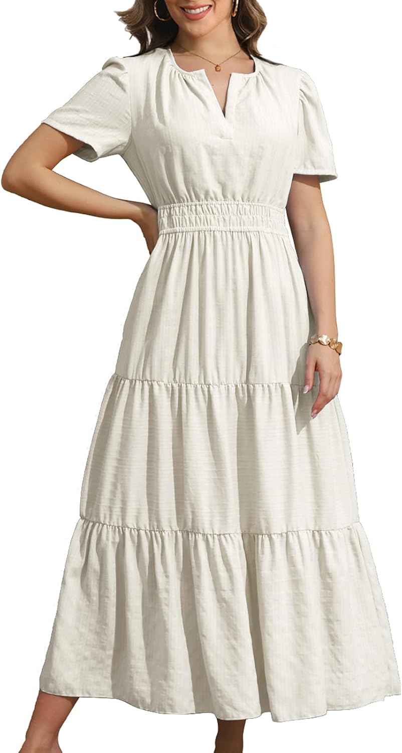 Rainday Maxi Dresses for Women Short Sleeves Casual Dress with Pockets | fabric soft,flattering comfort,with a built in slip,dress up or down,easy to wear,waist fits nicely,practical 2 sides pockets