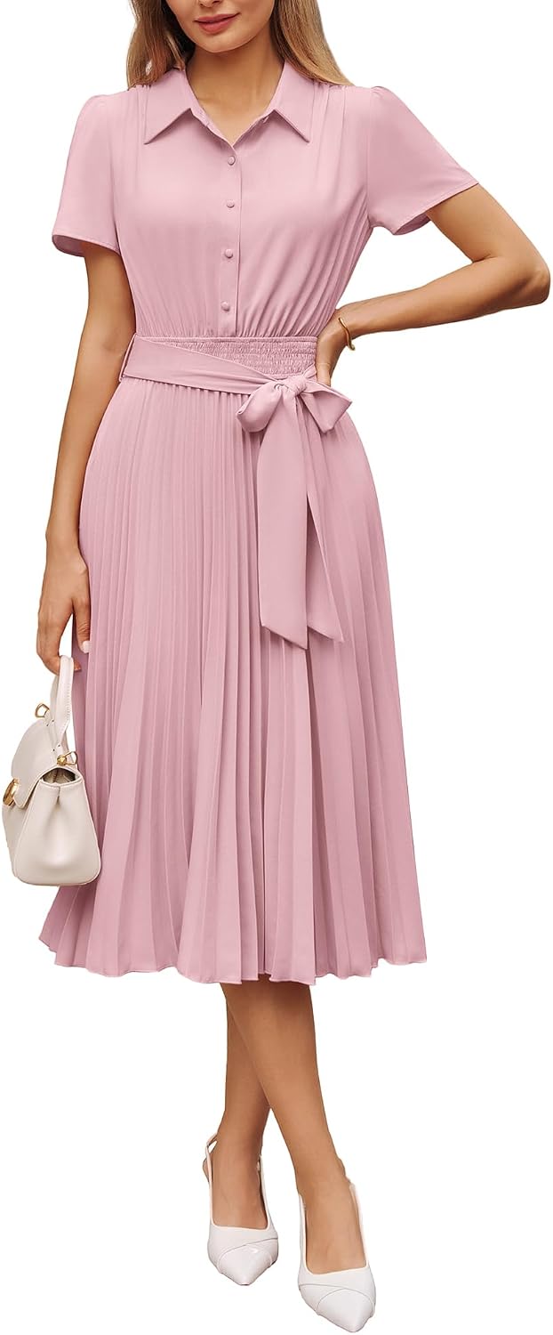 GRACE KARIN Women's 2026 Summer Midi Work Dress Short Sleeve Button Shirt Dresses A Line Pleated Belt Business Casual Dresses
