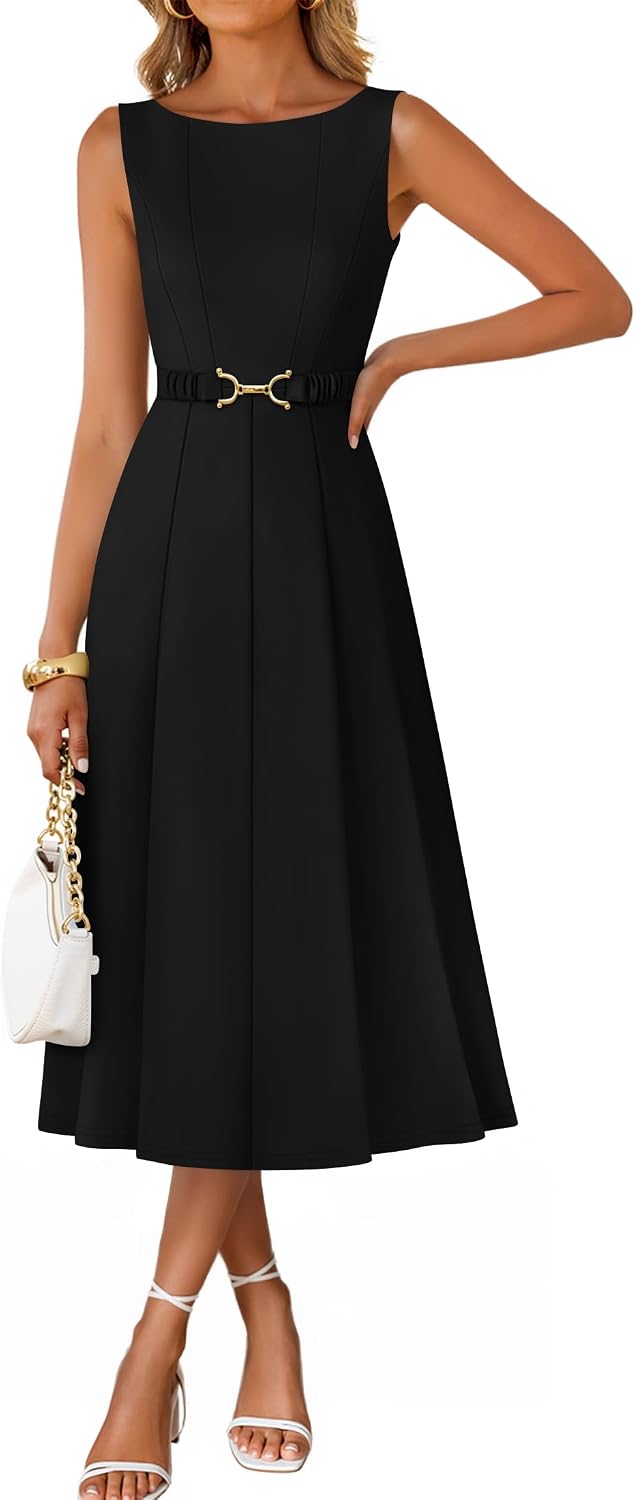 ZESICA Women's Summer Sleeveless 2026 Formal Cocktail Party Midi Dresses | Boat Neck, Flowy A Line Tie Waist, Business Casual Work Office Dressy Outfits, Elegant Beach Wedding Guest Graduation Dress