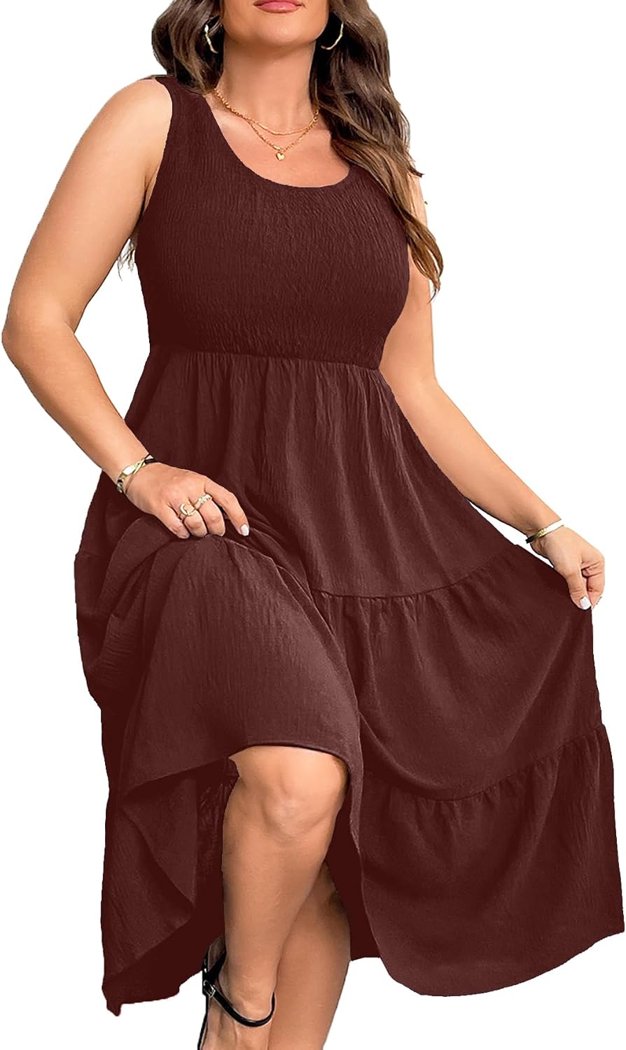 RWJ Plus Size Summer Sleeveless Tank Dress for Women Smocked Midi Sundress | Casual Loose Fit, Tiered Long Dresses, Beach Vacation, Holiday, Wedding Guest, Cocktail Party, Resort, Music Festival, Date