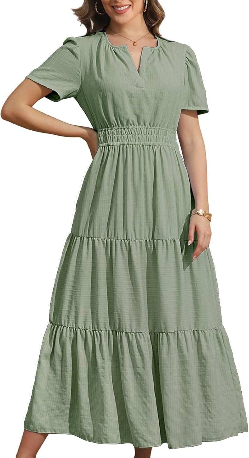 Rainday Maxi Dresses for Women Short Sleeves Casual Dress with Pockets | fabric soft,flattering comfort,with a built in slip,dress up or down,easy to wear,waist fits nicely,practical 2 sides pockets