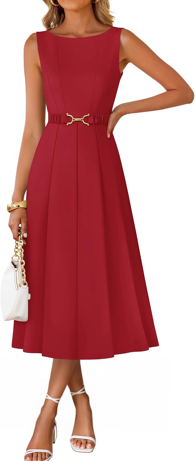 ZESICA Women's Summer Sleeveless 2026 Formal Cocktail Party Midi Dresses | Boat Neck, Flowy A Line Tie Waist, Business Casual Work Office Dressy Outfits, Elegant Beach Wedding Guest Graduation Dress