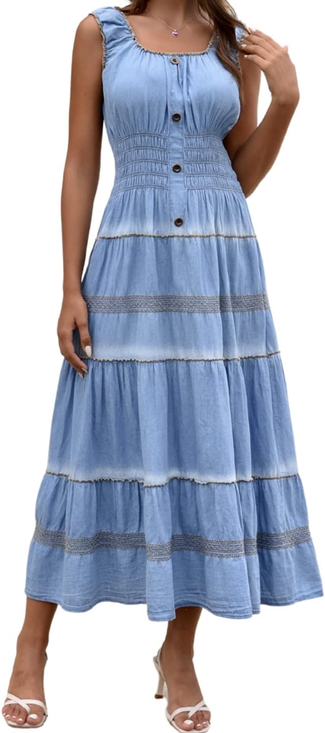 DREFBUFY Womens Denim Maxi Dress Sleeveless Summer Casual Blue Cotton Boho Flowy Long Jean Sundresses for Women