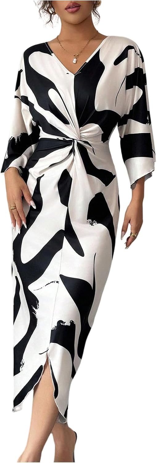 SweatyRocks Women's Twist Front V Neck Cow Print Long Dress Elegant 3\/4 Ruffle Sleeve Cocktail Dresses