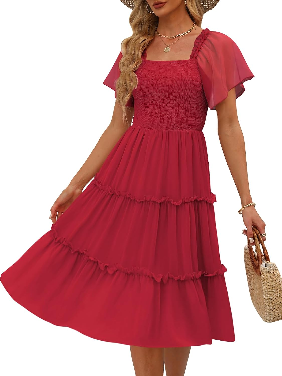 LILLUSORY Women Tiered Flutter Sleeve Square Neck Smocked Midi Dress | Beach Vacation Outfits, Boho Resort Wear, Spring & Summer Staple, Cottagecore Aesthetic Fashion