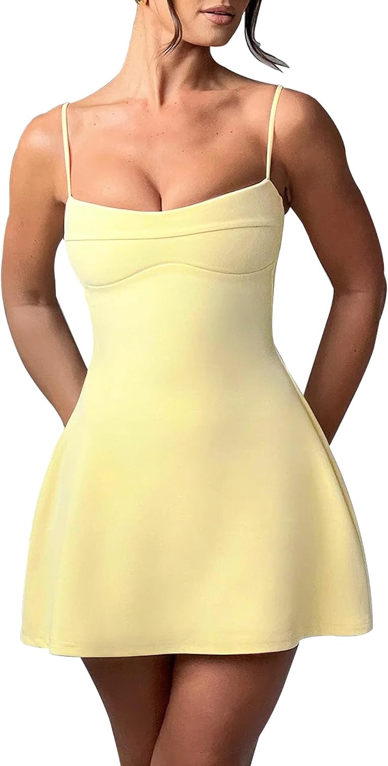SHESEEWORLD Women's Sexy Spaghetti Strap A-Line Y2k Sleeveless Mini Dress | Adjustable Strap, Zipper Back, Double-layer Fabric, Flowy, Short Grad Dress