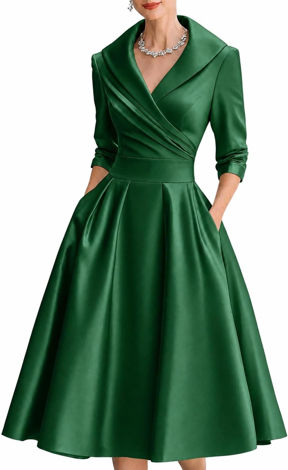 SHINFY Women's Satin Formal Wrap Long Sleeve A Line Midi Church Dress | Casual Elegant Semi-Formal V-Neck Silky Dresses with Pocket for Work Church Weddings and Dinners Polished