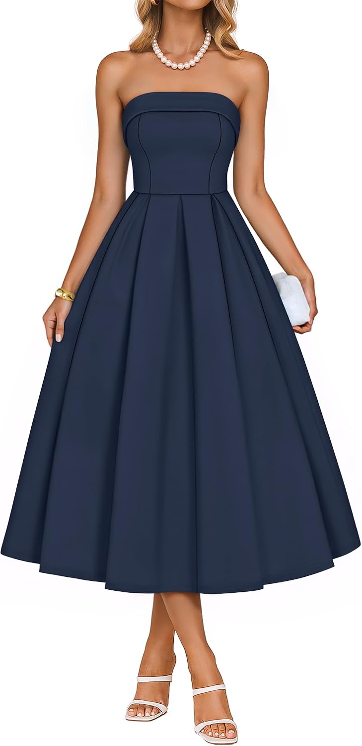 ZESICA Women's Summer Strapless Cocktail Party Dresses | Off Shoulder, Flowy A Line, Midi Dress, Wedding Guest, Semi Formal, Rehearsal Dinner, Engagement, 2026 Night Out Clothes