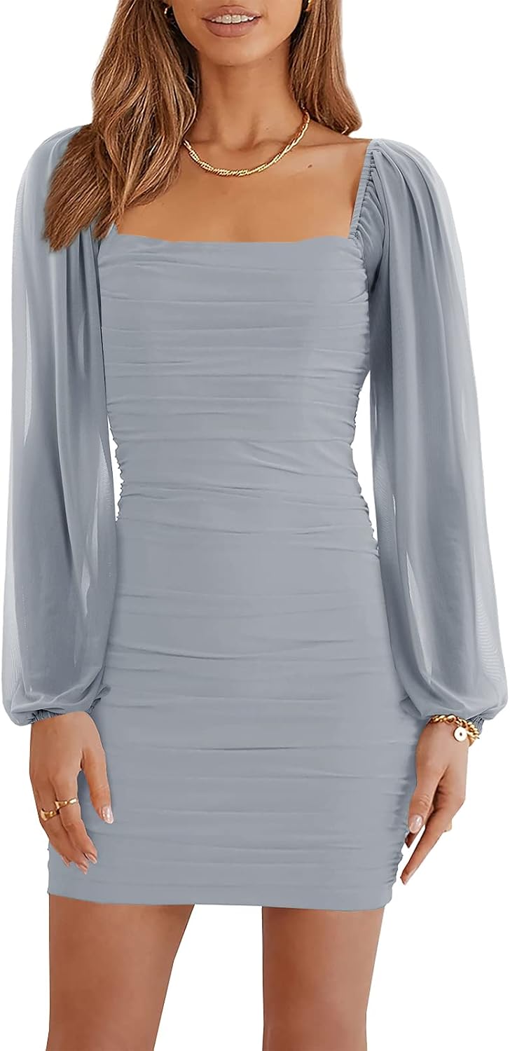 Wenrine Women Mesh Long Sleeve Square Neck Ruched Bodycon Mini Dress | Lantern Sleeve,Stretchy,Elegant,Club Party,Cocktail,Going Out,Semi Formal,Prom,Homecoming,Wedding Guest,Graduation,Teen Dress