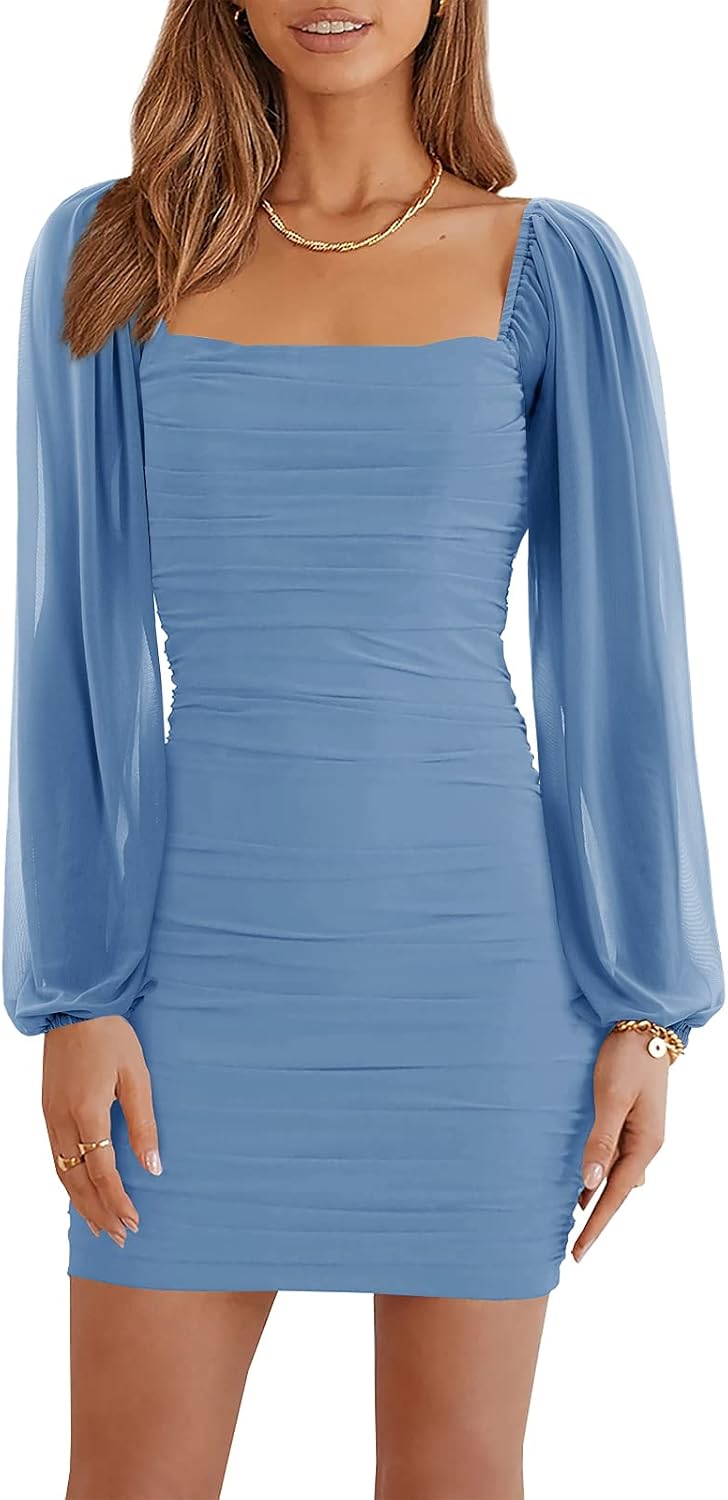 Wenrine Women Mesh Long Sleeve Square Neck Ruched Bodycon Mini Dress | Lantern Sleeve,Stretchy,Elegant,Club Party,Cocktail,Going Out,Semi Formal,Prom,Homecoming,Wedding Guest,Graduation,Teen Dress