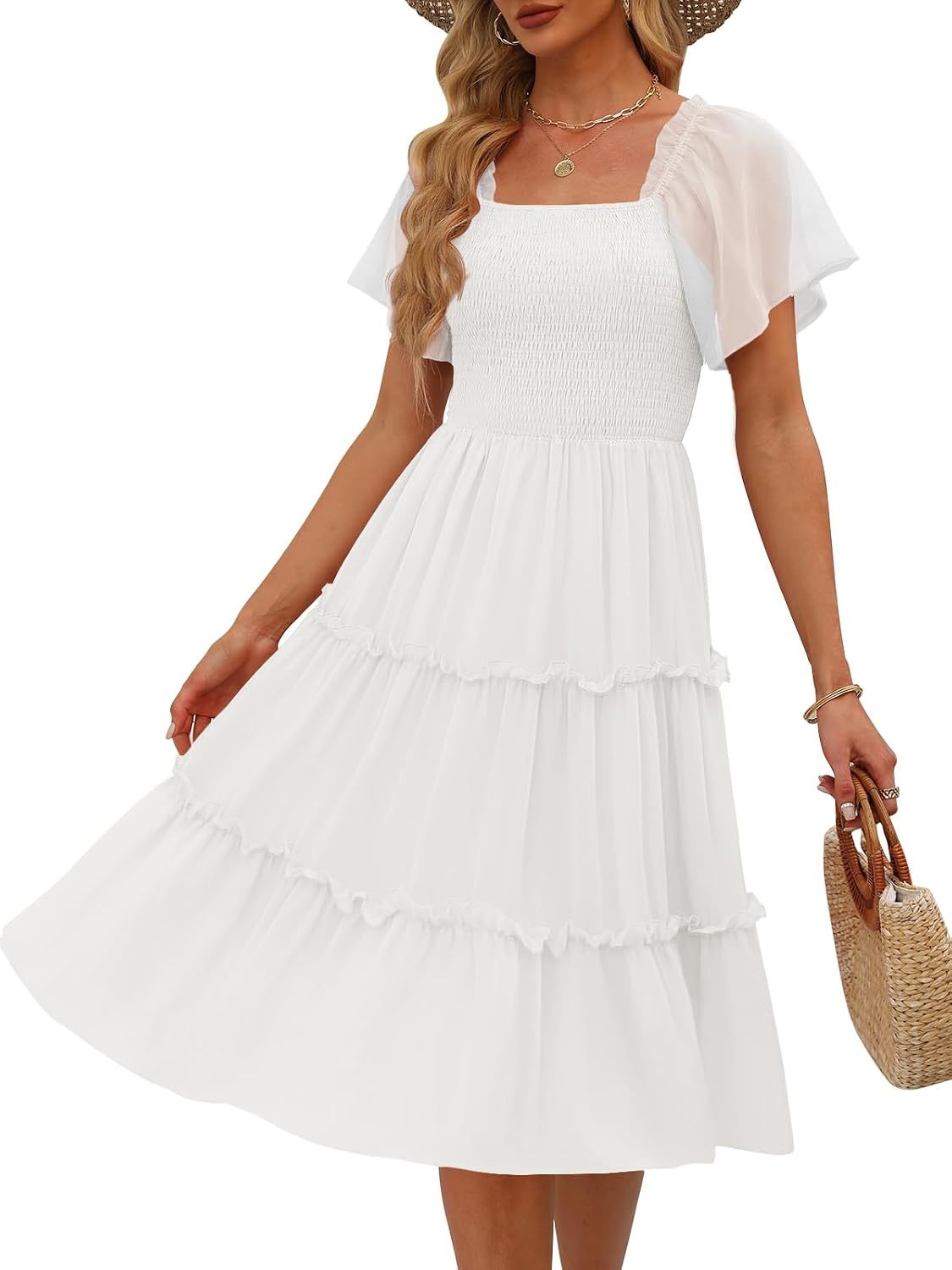 LILLUSORY Women Tiered Flutter Sleeve Square Neck Smocked Midi Dress | Beach Vacation Outfits, Boho Resort Wear, Spring & Summer Staple, Cottagecore Aesthetic Fashion