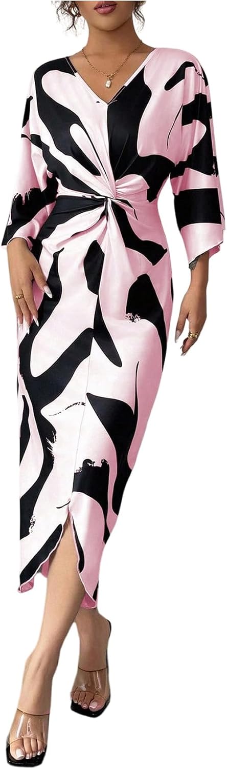 SweatyRocks Women's Twist Front V Neck Cow Print Long Dress Elegant 3\/4 Ruffle Sleeve Cocktail Dresses