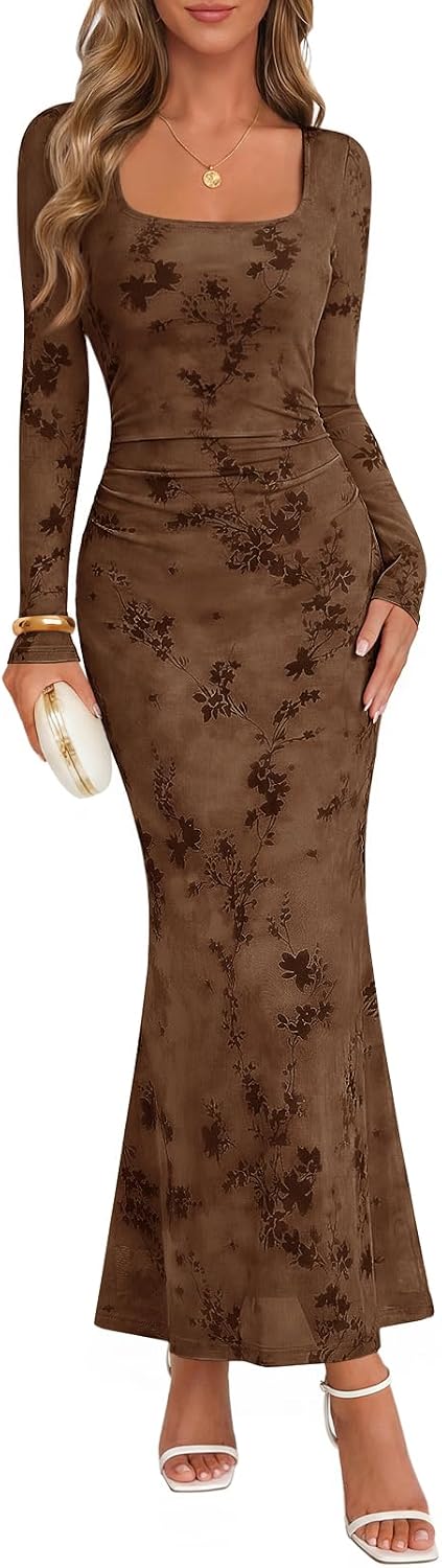 MEROKEETY Women Fall Formal Wedding Guest Long Sleeve Floral Cocktail Dress | 2026, Maxi, Flocked Mesh Fabric, Square Neck, Bodycon, Fitted, Ruched, Baby Shower, Bridal Shower, Winter Holiday Party Dress