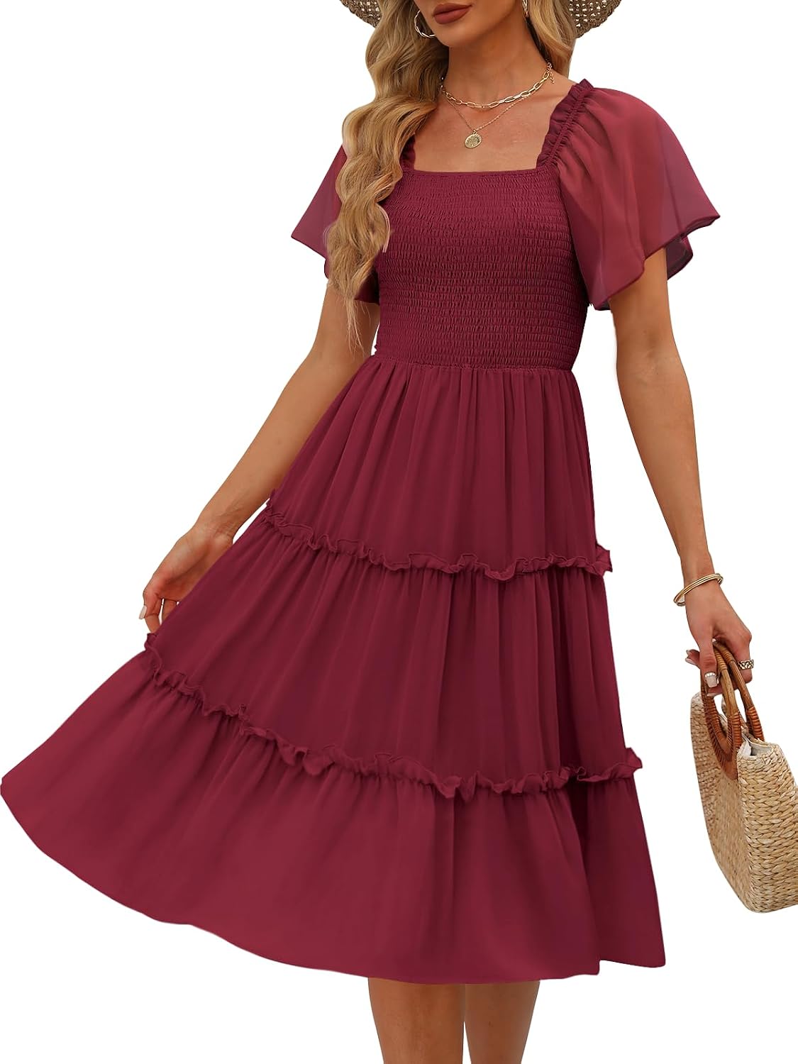 LILLUSORY Women Tiered Flutter Sleeve Square Neck Smocked Midi Dress | Beach Vacation Outfits, Boho Resort Wear, Spring & Summer Staple, Cottagecore Aesthetic Fashion