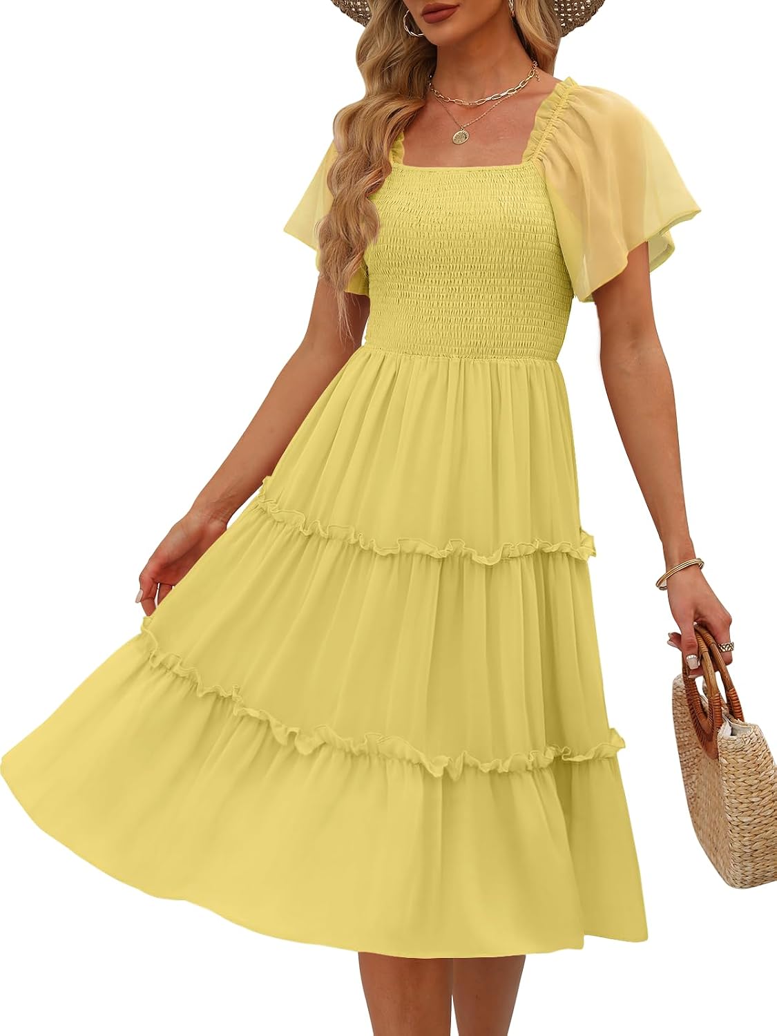 LILLUSORY Women Tiered Flutter Sleeve Square Neck Smocked Midi Dress | Beach Vacation Outfits, Boho Resort Wear, Spring & Summer Staple, Cottagecore Aesthetic Fashion