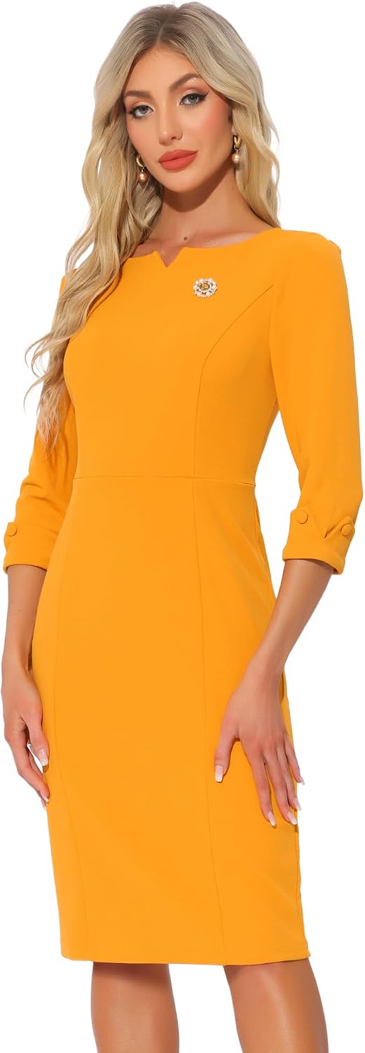 Allegra K Work Dress for Women 3\/4 Sleeve Business Casual Sheath Dresses | Boat Neck, Back Slit, Bodycon, Office, Professional, Vintage, Interview, Church Wear, Dressy Casual