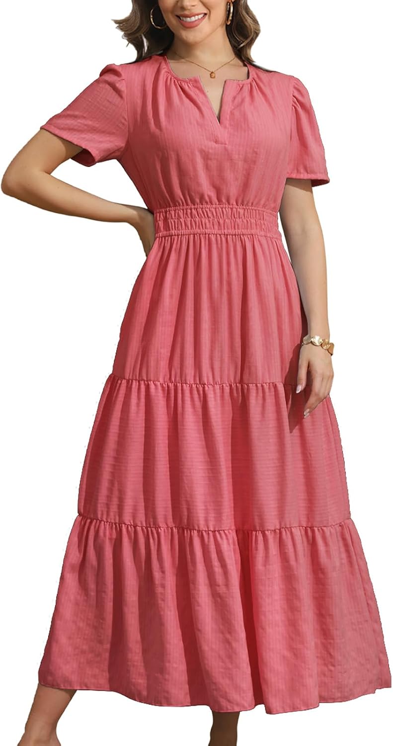 Rainday Maxi Dresses for Women Short Sleeves Casual Dress with Pockets | fabric soft,flattering comfort,with a built in slip,dress up or down,easy to wear,waist fits nicely,practical 2 sides pockets