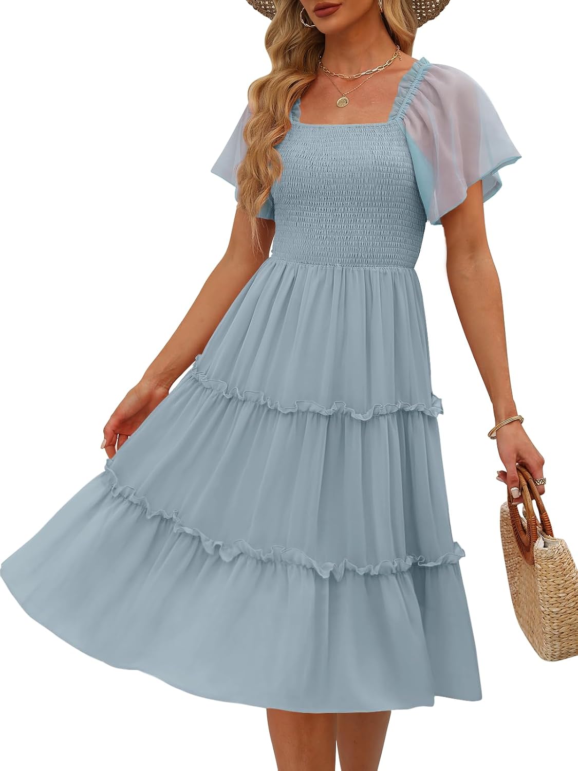 LILLUSORY Women Tiered Flutter Sleeve Square Neck Smocked Midi Dress | Beach Vacation Outfits, Boho Resort Wear, Spring & Summer Staple, Cottagecore Aesthetic Fashion