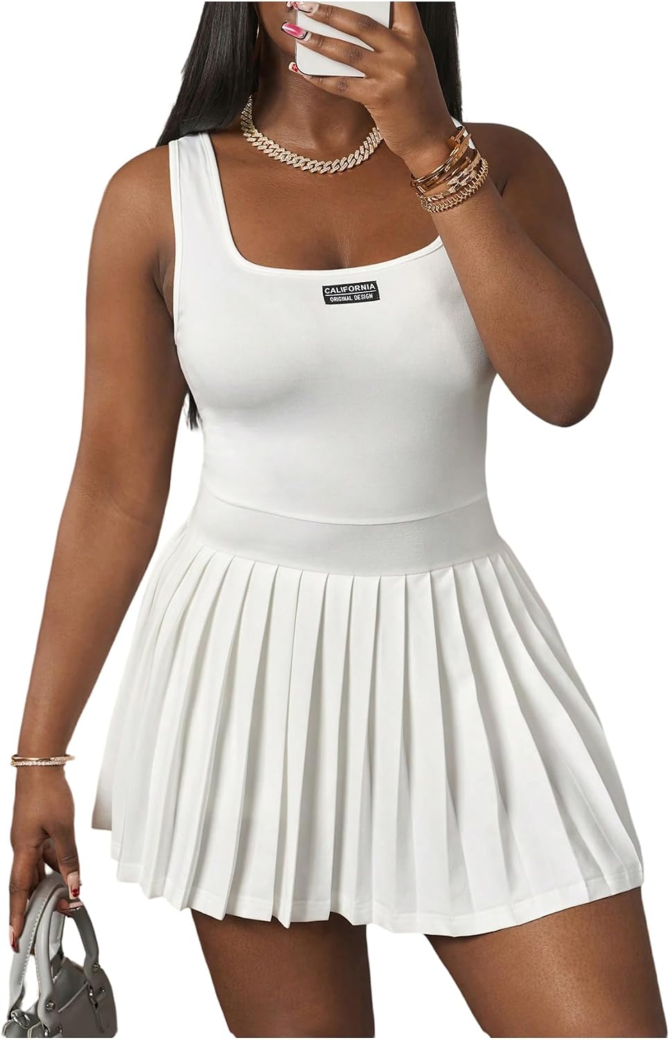 RoseSeek Women's Plus Size Tennis Dress Pleated A Line Tank Athletic Dress | Letter Print, Square Neck, Sleeveless, Mini Dresses, Summer 2026