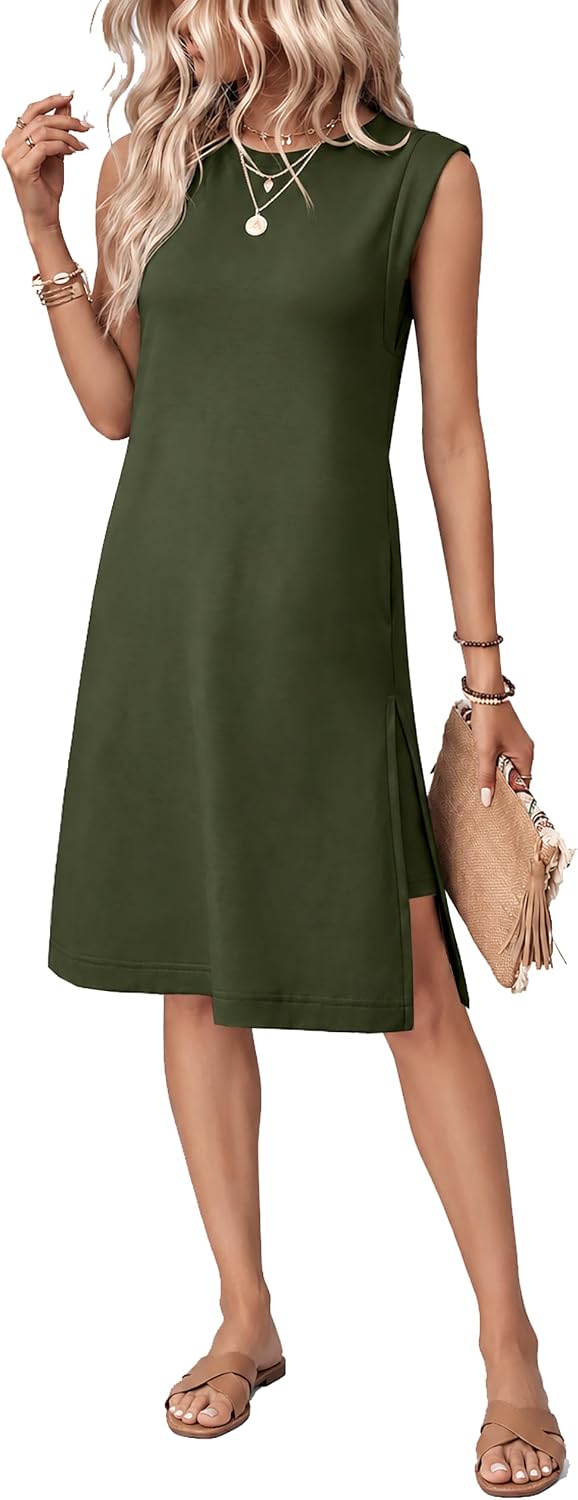 BEXIBOOM Women's Summer Casual Cap Sleeve Midi Dress with Pockets | Soft Stretch Fabric Round Neck Relaxed Fit Wrinkle-Free Side Slit And Pockets For Daily Wear, Work, Travel And Vacation