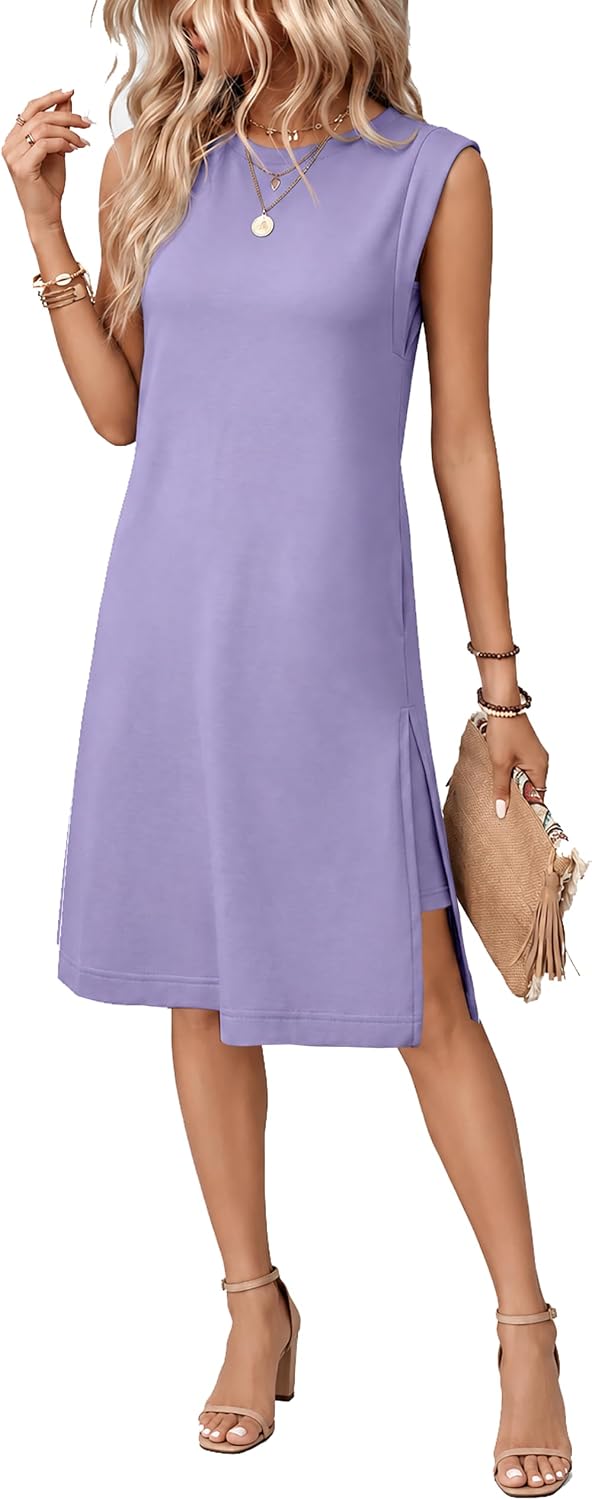 BEXIBOOM Women's Summer Casual Cap Sleeve Midi Dress with Pockets | Soft Stretch Fabric Round Neck Relaxed Fit Wrinkle-Free Side Slit And Pockets For Daily Wear, Work, Travel And Vacation
