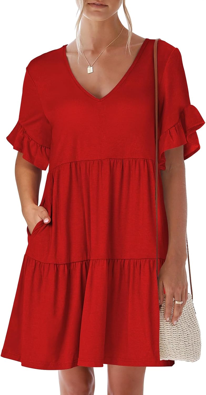 ANRABESS Dresses for Women Summer 2026 V Neck Ruffle Sleeve A Line Tiered Flowy Casual Trendy Mini Beach Dress with Pockets