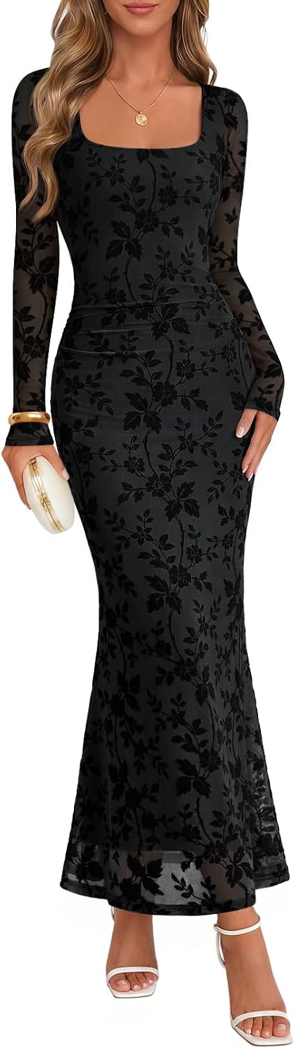 MEROKEETY Women Fall Formal Wedding Guest Long Sleeve Floral Cocktail Dress | 2026, Maxi, Flocked Mesh Fabric, Square Neck, Bodycon, Fitted, Ruched, Baby Shower, Bridal Shower, Winter Holiday Party Dress