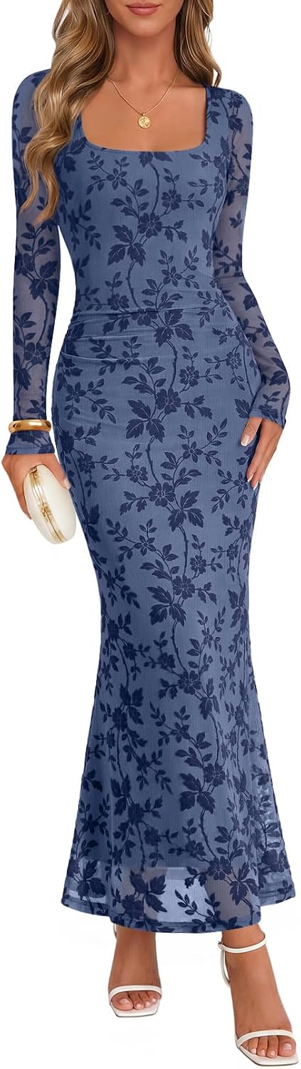 MEROKEETY Women Fall Formal Wedding Guest Long Sleeve Floral Cocktail Dress | 2026, Maxi, Flocked Mesh Fabric, Square Neck, Bodycon, Fitted, Ruched, Baby Shower, Bridal Shower, Winter Holiday Party Dress